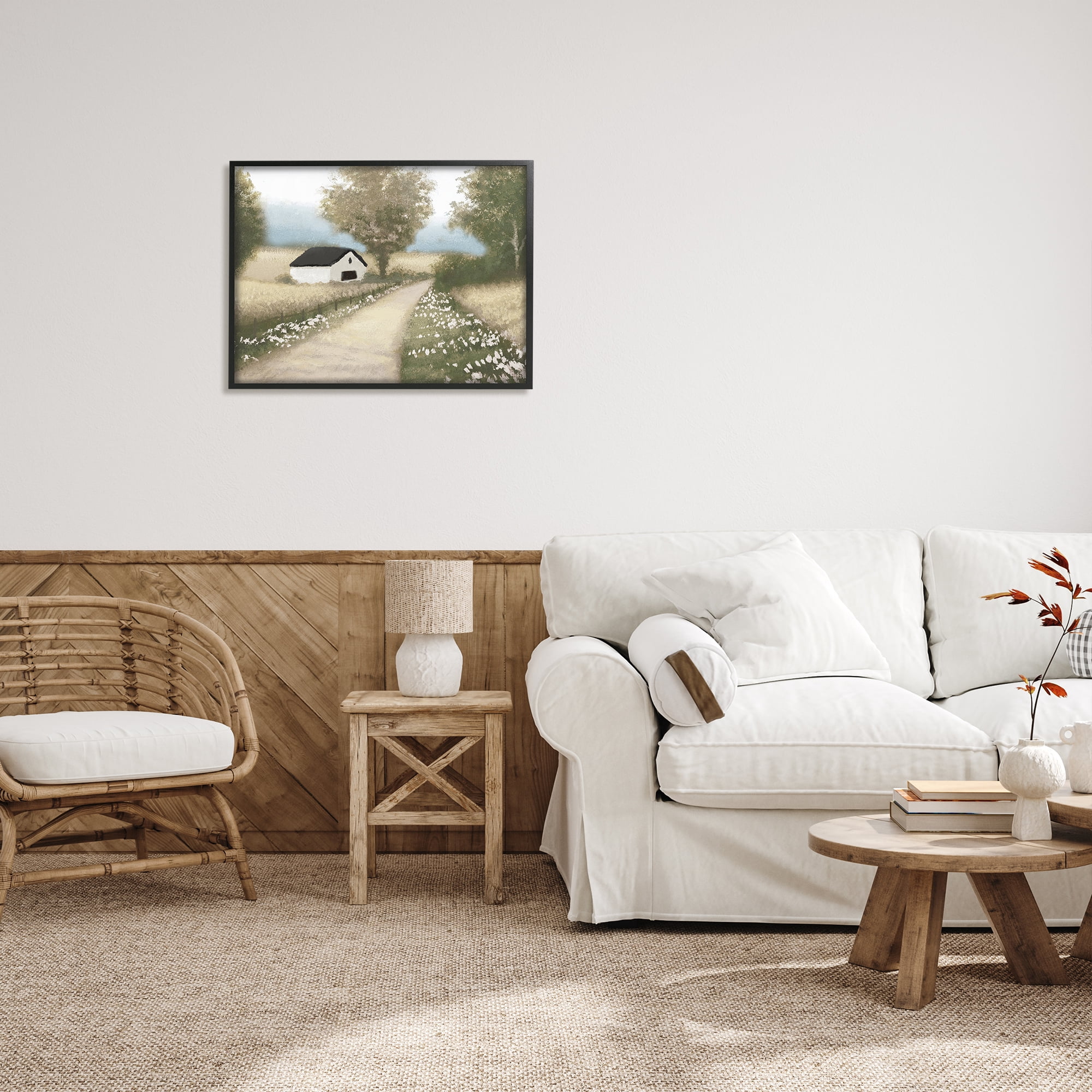 Stupell Industries Subtle Cottage Path Landscape Painting Black Framed Art Print Wall Art, 30 x 24