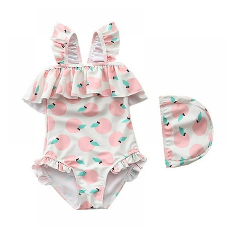 

Baozhu Girls Swimsuit Ruffle Strap Bathing Suit Kids One Piece Swimsuits Cute Swimwear with Hat 1-7 Years