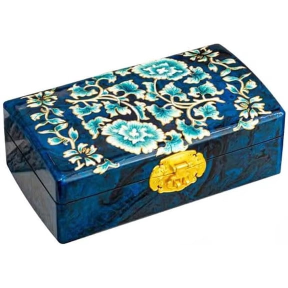 Vintage Chinese Lacquerware Jewelry Box, Hand-Painted Wooden Keepsake Chest with Mother of Pearl Inlay Style & Lock for Necklaces, Rings, and Bracelets