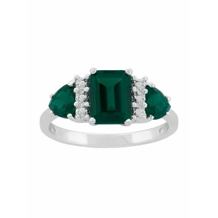 - Created Emerald Sterling Silver Side Trillions and Emerald-Cut Center Three-Stone Ring