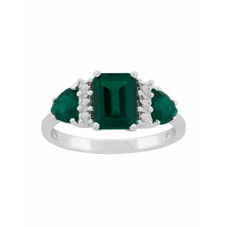 Created Emerald Sterling Silver Side Trillions and Emerald-Cut Center Three-Stone