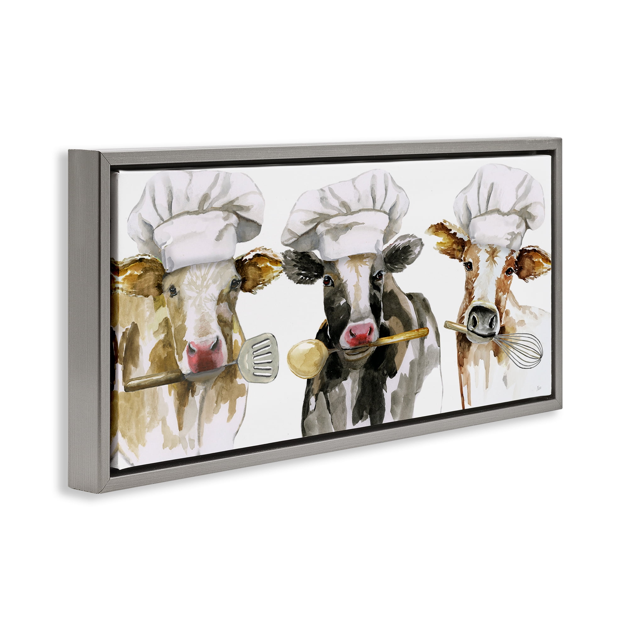 Stupell Industries Cow Chefs with Utensils Gray Framed Floater Canvas Wall Art, design by Nan
