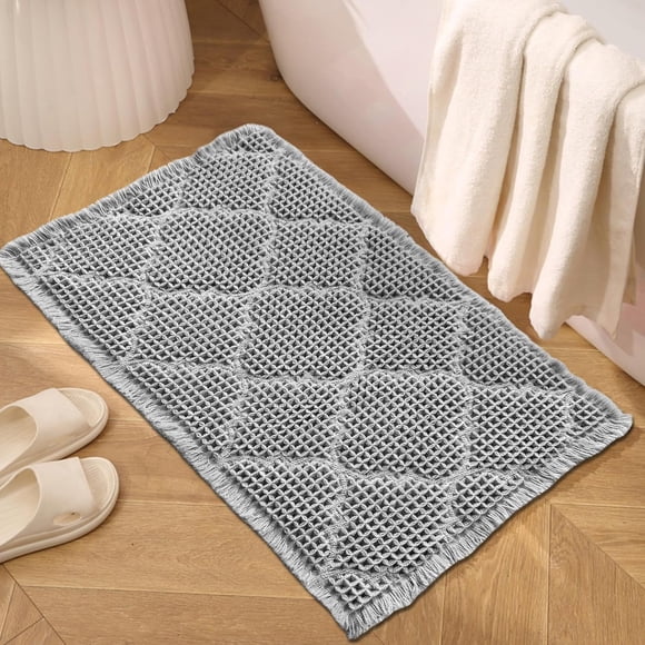Tapis de Bain Gaufré ZALL, Tapis de Salle de Bain Super Absorbant Antidérapant, Gris 18x30 Pouces, Tapis de Sol Ultra Doux Lavable en Machine à Motif Géométrique Diamant Gris