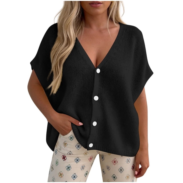 Mujeres de Verano Tops Suelto Ajuste Casual Color Sólido de Punto Cardigan Suéter Cuello en V Manga Corta Mujer de Verano Tops Casual