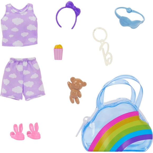 Bolso de moda Barbie Premium Rainbow Cloud, pijama morado, pantuflas rosas y accesorios