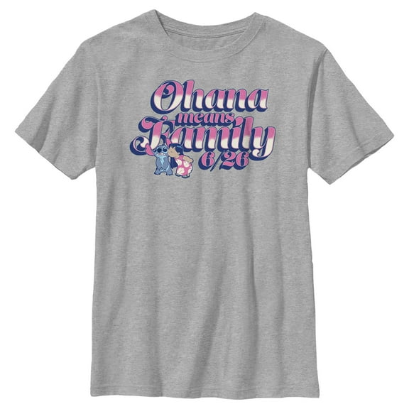 Boy's Lilo & Stitch Pink and White Ohana Kiss  Graphic Tee Athletic Heather Small
