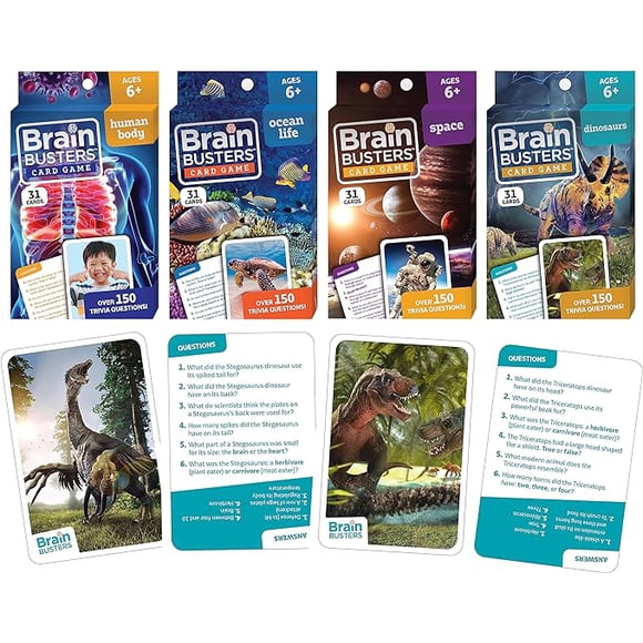 Brain Busters Card Game for Kids, Family Trivia Game Bundle with 120 Flash Cards - Learn and Play with Multiple Choice Trivia Cards About Human Body, Ocean Life, Dinosaurs and Space (Ages 6+)