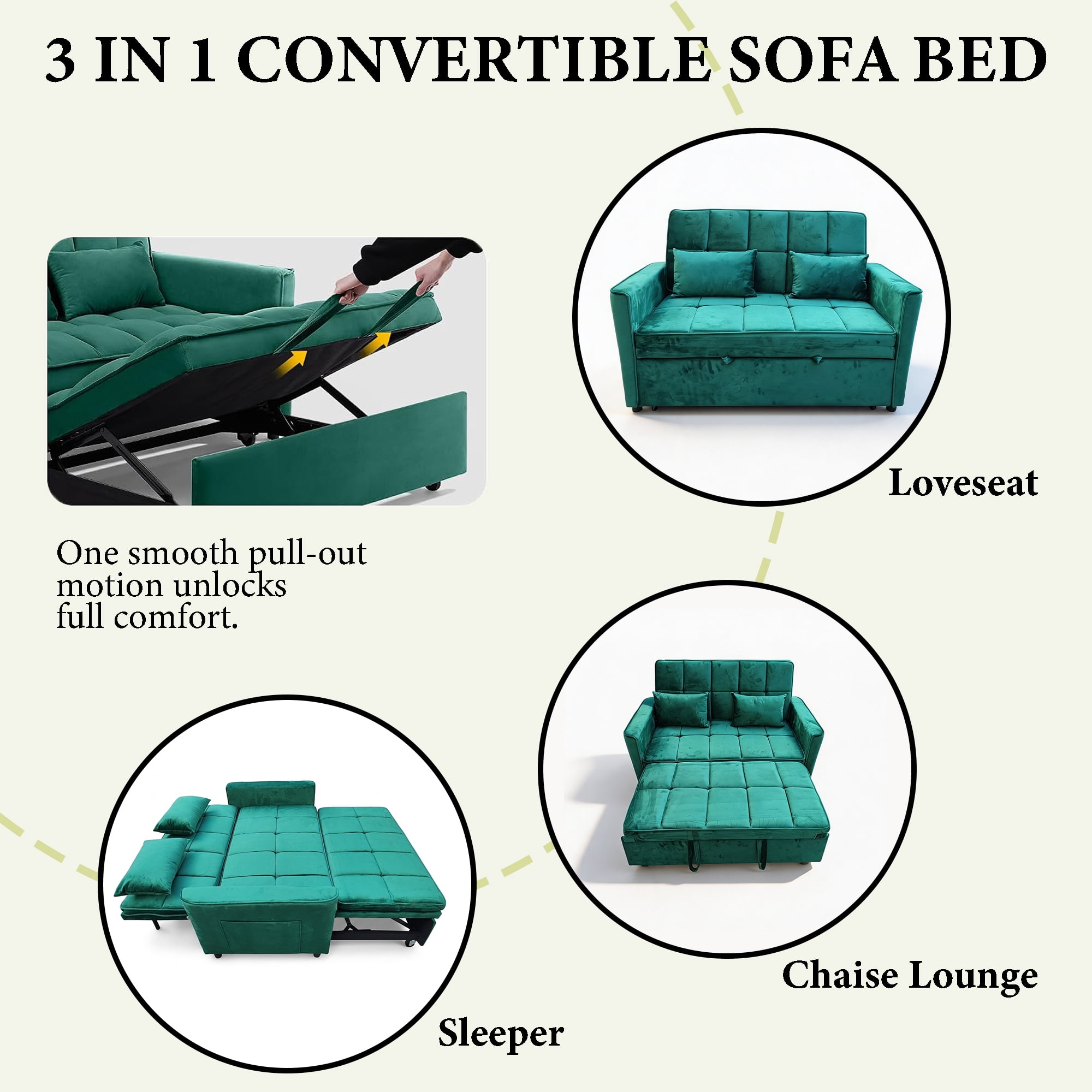 WAKEFIT 54" Pull-Out Sleeper Sofa Bed,3-in-1 Convertible Loveseat Couch with Adjustable Backrest for Small Living Room,Velvet,Green
