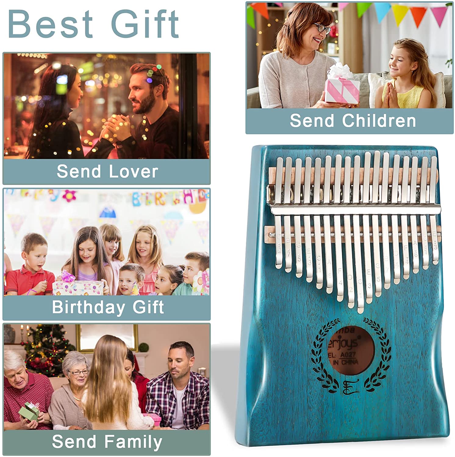 Everjoys Mahogany Kalimba 17 Keys Thumb Piano w/ Instruction Book, Tuning Hammer Portable Mbira Sanza Finger Piano, Gift for Kids Adult Beginners Professionals