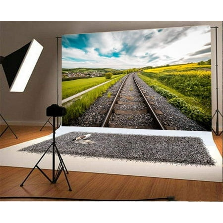 Image of ABPHOTO 7x5ft Photography Backdrop Railroad Tracks Yellow Flowers Green Grass lawn Blue Sky White Cloud Nature Landscape Travel Photo Background Backdrops