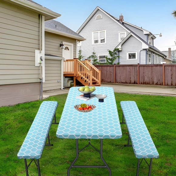 Antqov Picnic Table Cover with Bench Covers Set Waterproof Camping Rectangle Tablecloths Back Flannel Elastic Table Cover Fitted Picnic Table Cover for Outdoor, Picnic, Camping