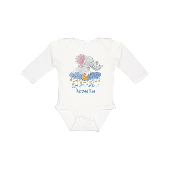 Inktastic My Grandma Loves Me Cute Elephants Clouds Moon and Stars Boys or Girls Long Sleeve Baby Bodysuit