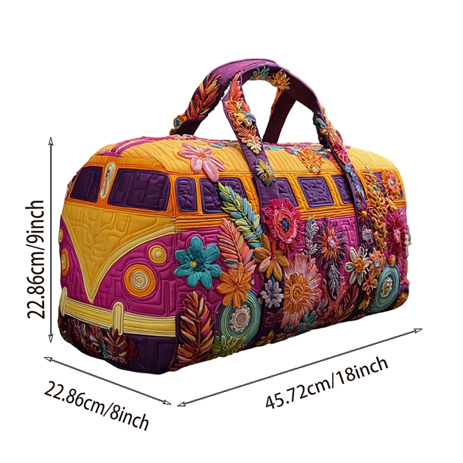 Hippie Van Quilted Duffle Bag, Hippie Journey Quilted Duffle Bag, Vintage Floral Travel Weekender Bag Gym Bags