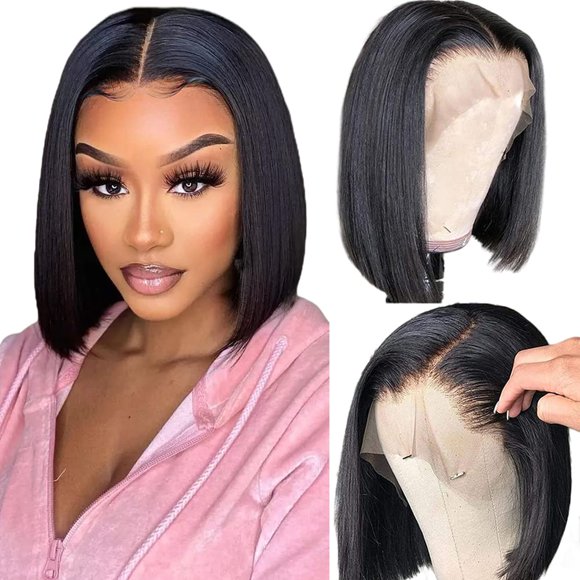 Qangelabeauty Short Bob Wig Human Hair 13x4 Frontal Bob Wigs Human Hair Pre Plucked wigs for Black Women Bob Lace Front Wigs Human Hair 10 Inch 180% Density with Baby Hair Natural Color