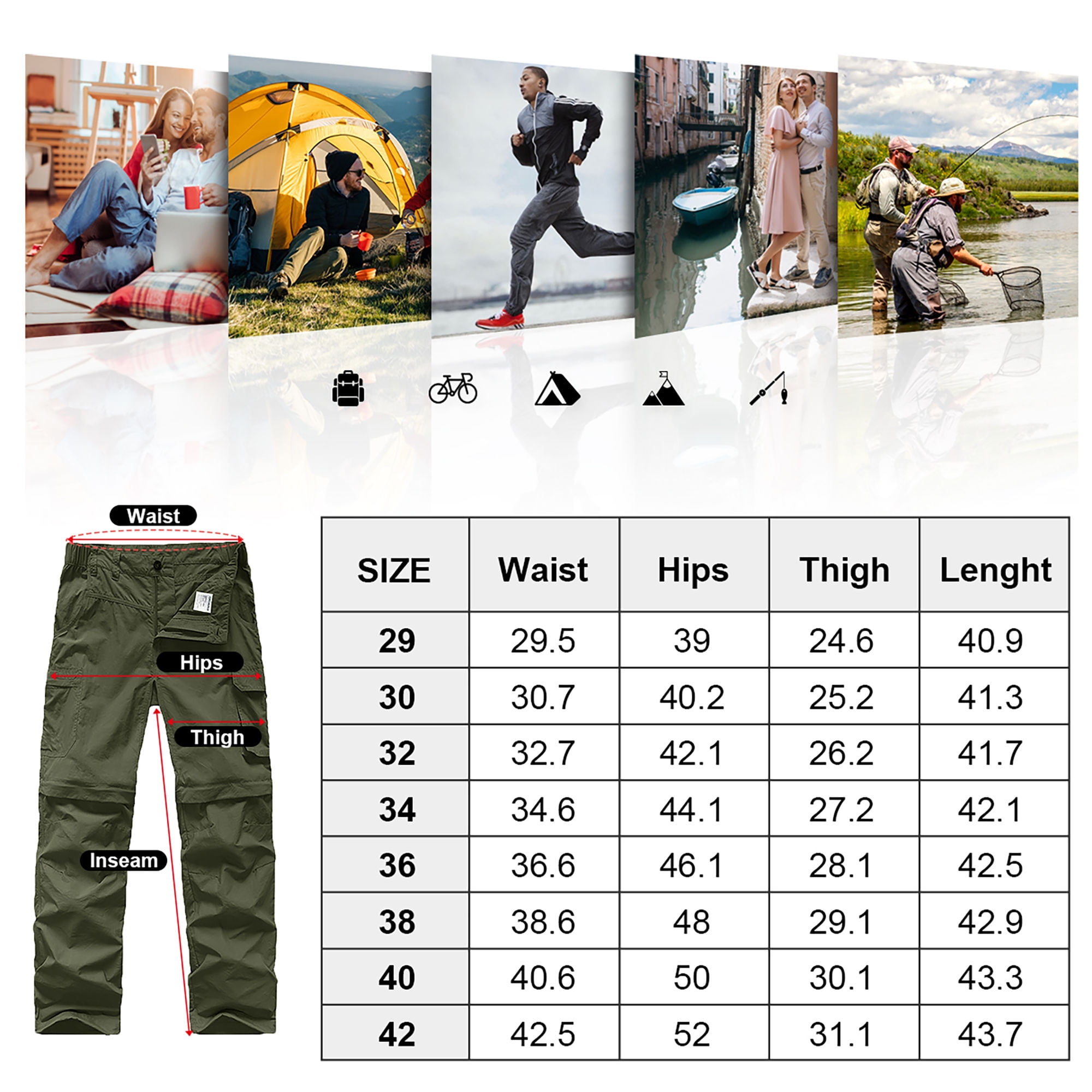 FEN AI Mens Hiking Pants Convertible Quick Dry Lightweight Zip Off Outdoor Fishing Travel Safari Cargo Pants Casual Trousers