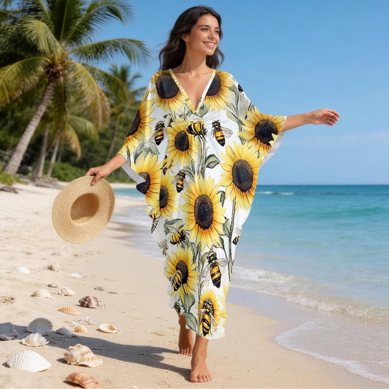 Xoenoiee Bee Sunflower Print Momo Dresses for Women V Neck Caftan Swimsuit Cover Up Lougewear Dress One-Piece Kaftan Dresses Batwing Sleeve Beach