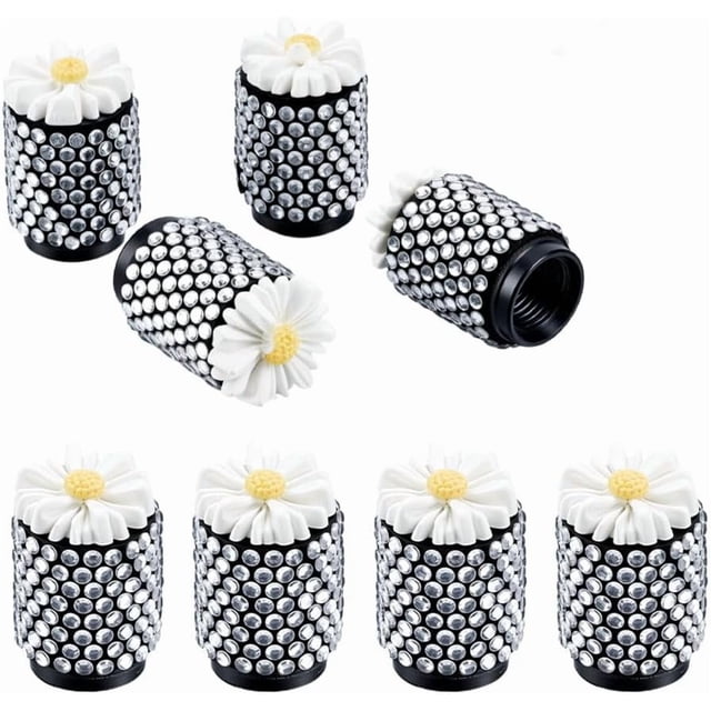 8 Tapones de Válvula con Diamantes de Imitación para Neumáticos de Coche, Diseño de Margarita, Cubre Válvulas con Diamantes de Imitación para Accesorios de Coche Brillantes