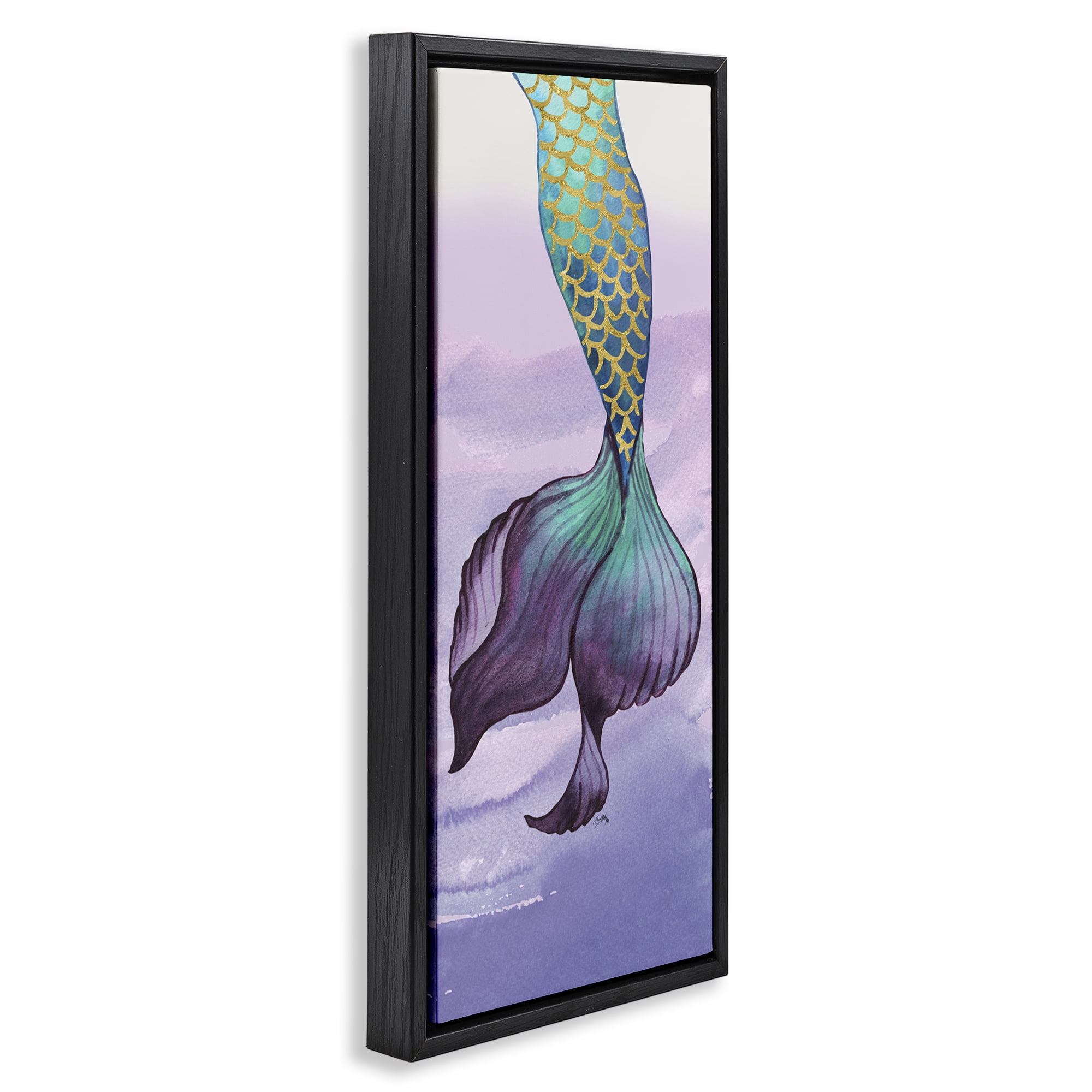 Stupell Industries Glam Accent Mermaid Tail Fairy Tales & Fantasy Painting Black Floater Framed Art Print Wall Art, 11 x 25