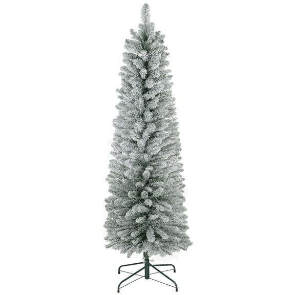 XiHuaZhaoChen Artificial Snow Flocked Christmas Tree, Unlit Pencil Hinged Pine Tree with Metal Stand, Slim Xmas Snowy Tree for Indoor and Outdoor Use