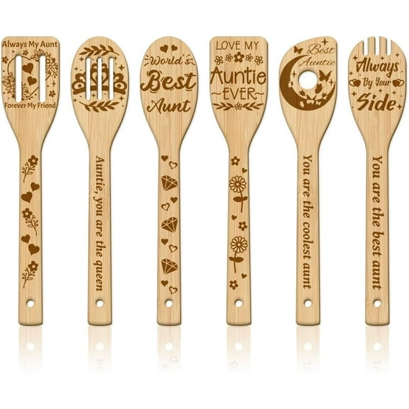1 Set 6Pcs Aunt Auntie Wooden Spoons Utensil Set Bamboo Carving Kitchen Cooking Utensils Wooden Engraved Cooking Spatula Set for Kitchen Fun House Warming Gift
