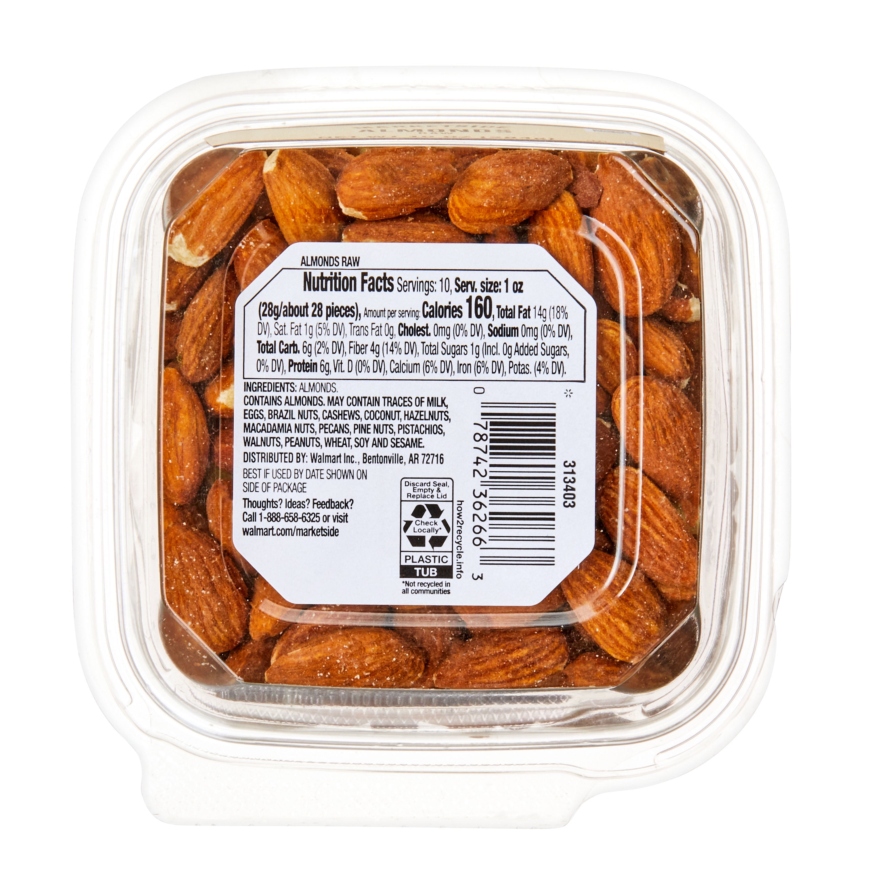 Marketside Natural Raw Almonds, 10 oz Tub