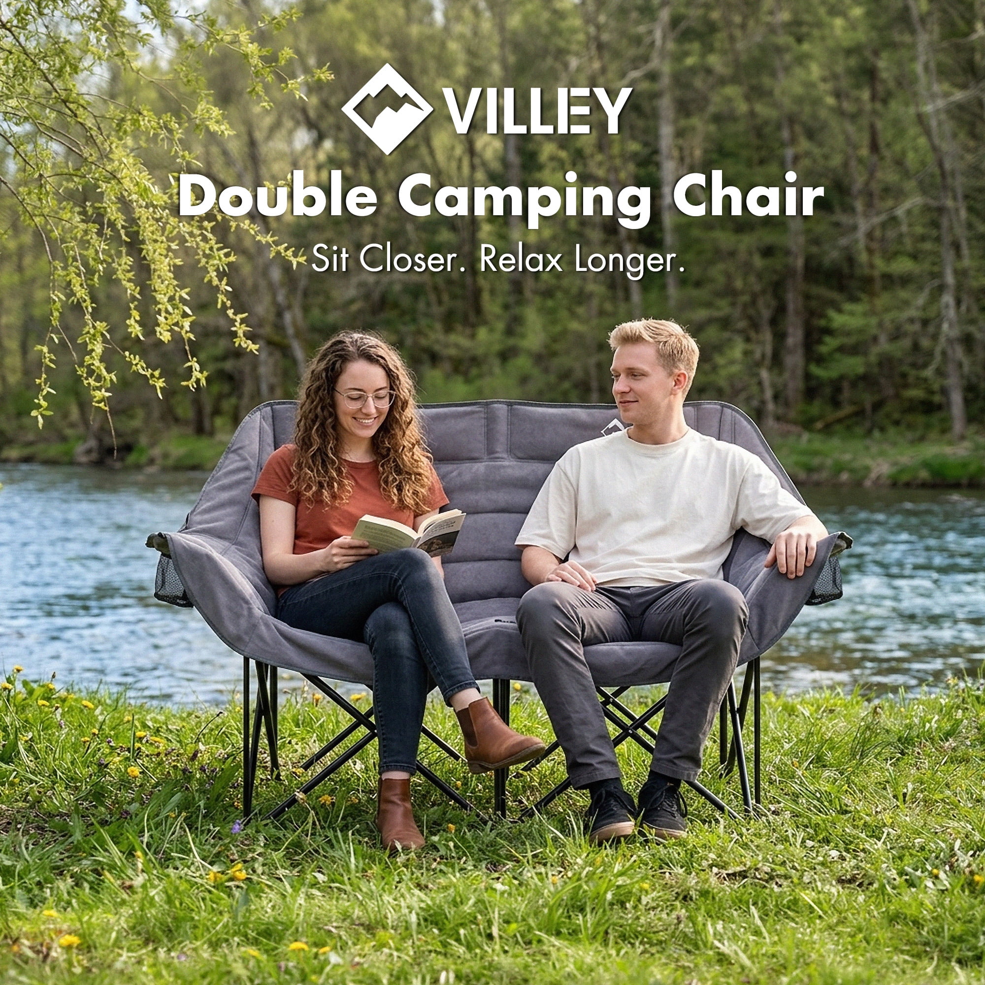 VILLEY Oversized Double Camping Chair, 800lbs Portable Folding Loveseat for Adults, Heavy Duty Suede Fabric, XL 2 Person Padded Chair with Cup Holders for Outdoor Camping, Lawn, Backyard