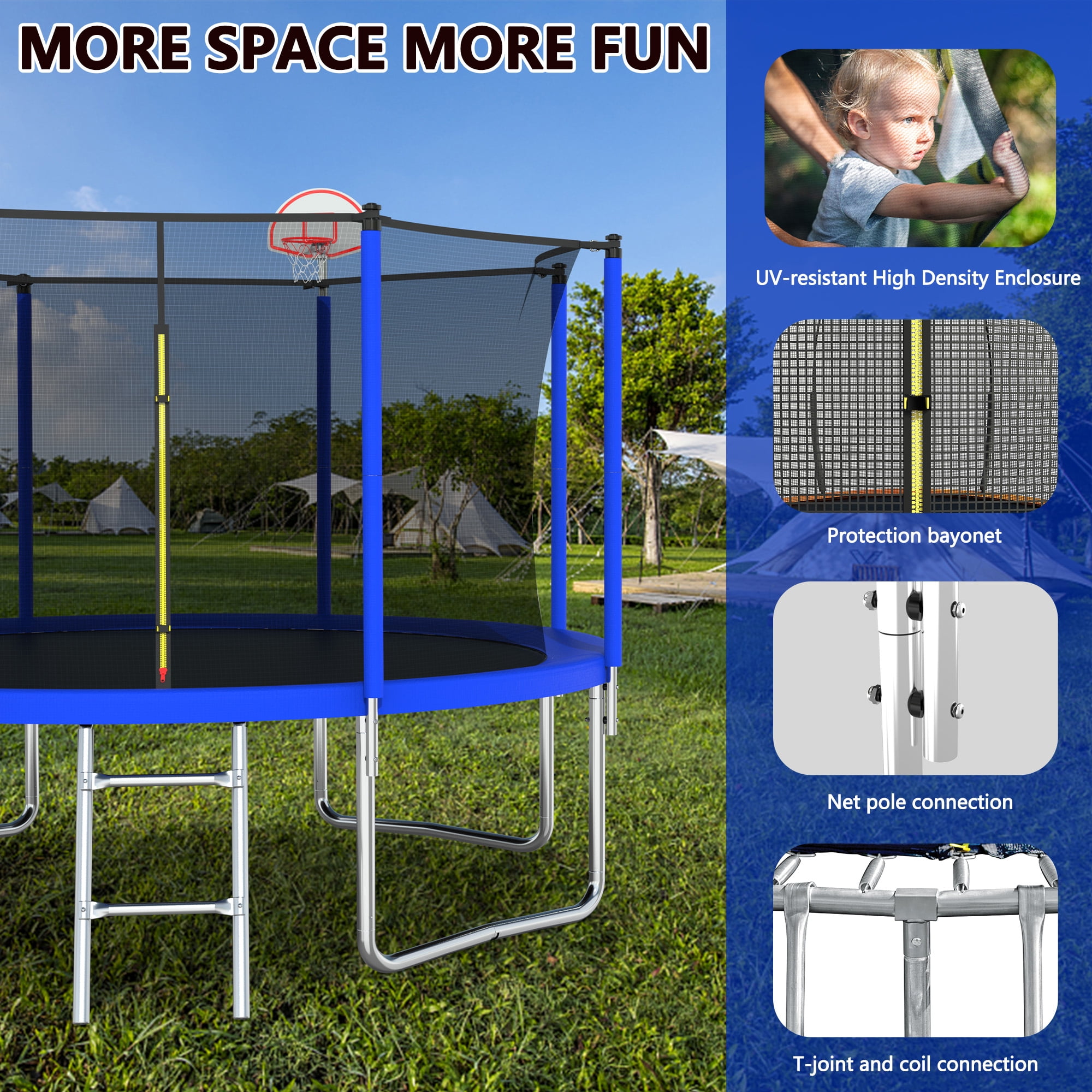 Yoneston 12FT Outdoor Trampoline with Basketball Hoop, 880LBS Round Trampoline with Ladder and Safety Enclosure for Kids and Adults in Backyard Garden, Blue