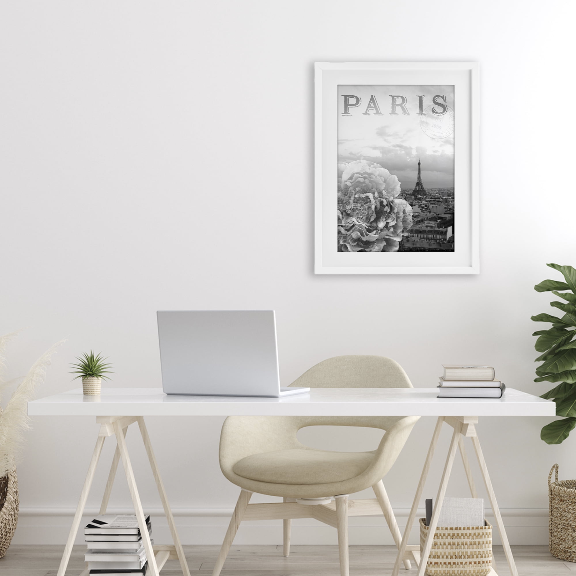 Stupell Industries Paris Postcard in Monochrome White Framed Print Under Glass, design by Emily Navas