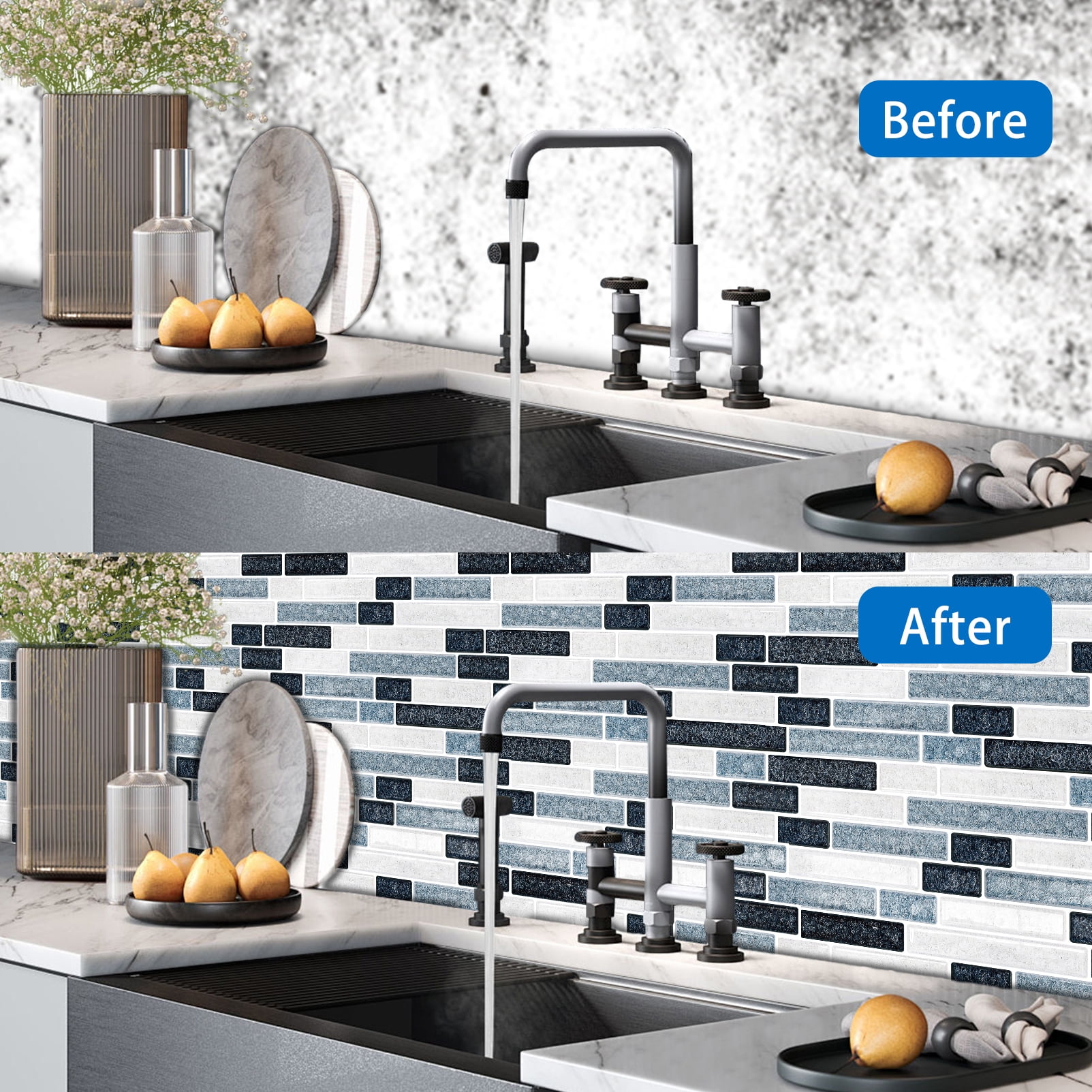 DEWOO Peel and Stick on Self Adhesive Backsplash Wall Marble Tiles Stickers 3D for Kitchen Bathroom,Dark Blue (10-Sheet, 12"×12")