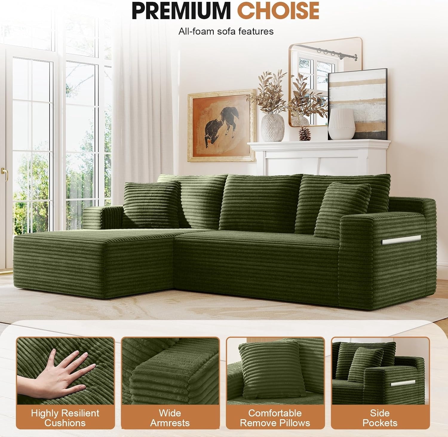 MOONMISS L-Shaped Cloud Sectional Couch with Chaise,Modern Corduroy Upholstered Modular Boneless Sofa,No Assembly for Living Room Apartment(Green,Left)