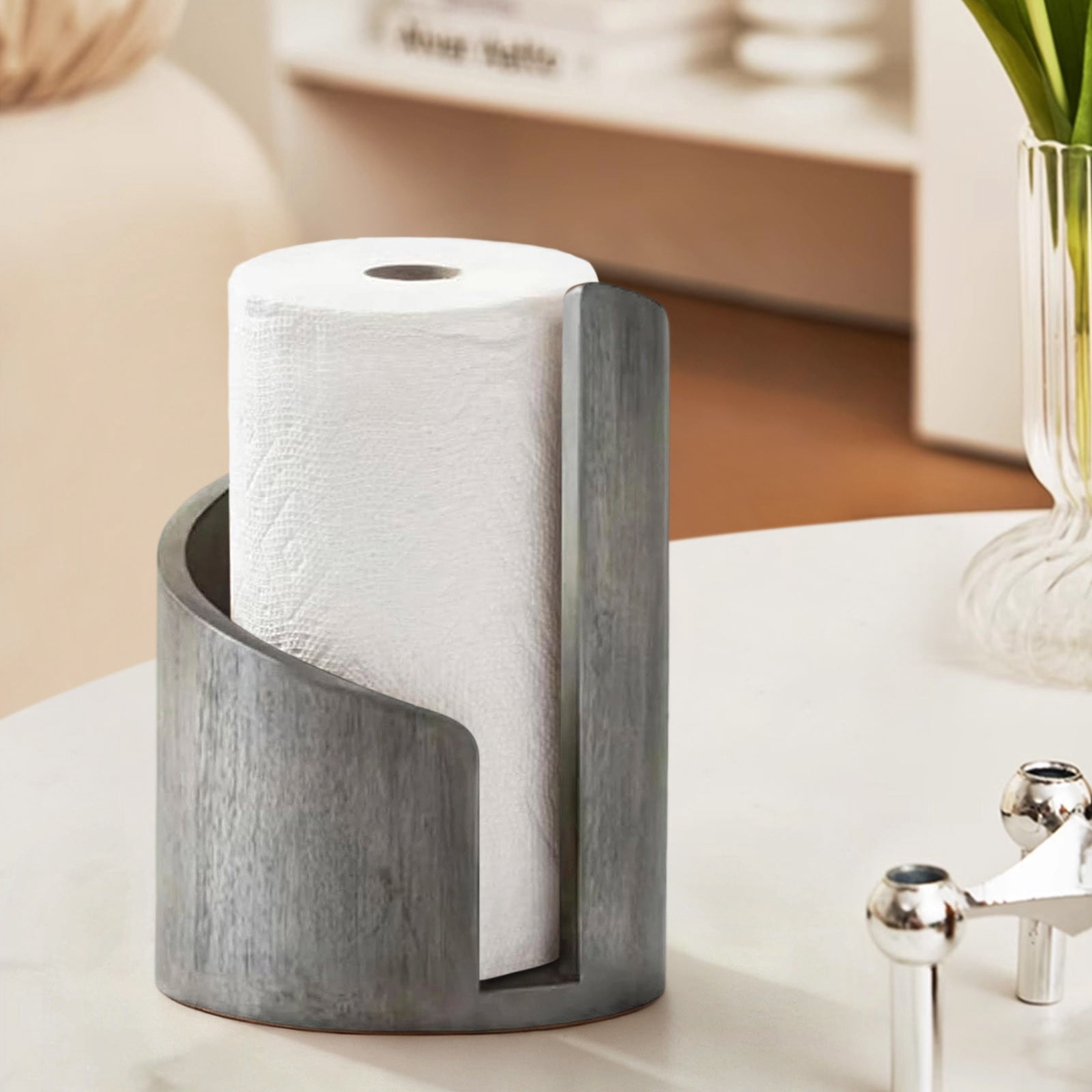 RoamHome Freestanding Paper Towel Holder for Kitchen Countertop with Wood Base and Iron Stand, One-Handed Tear, Fits All Roll Sizes, Sturdy and Stylish Bathroom Organizer