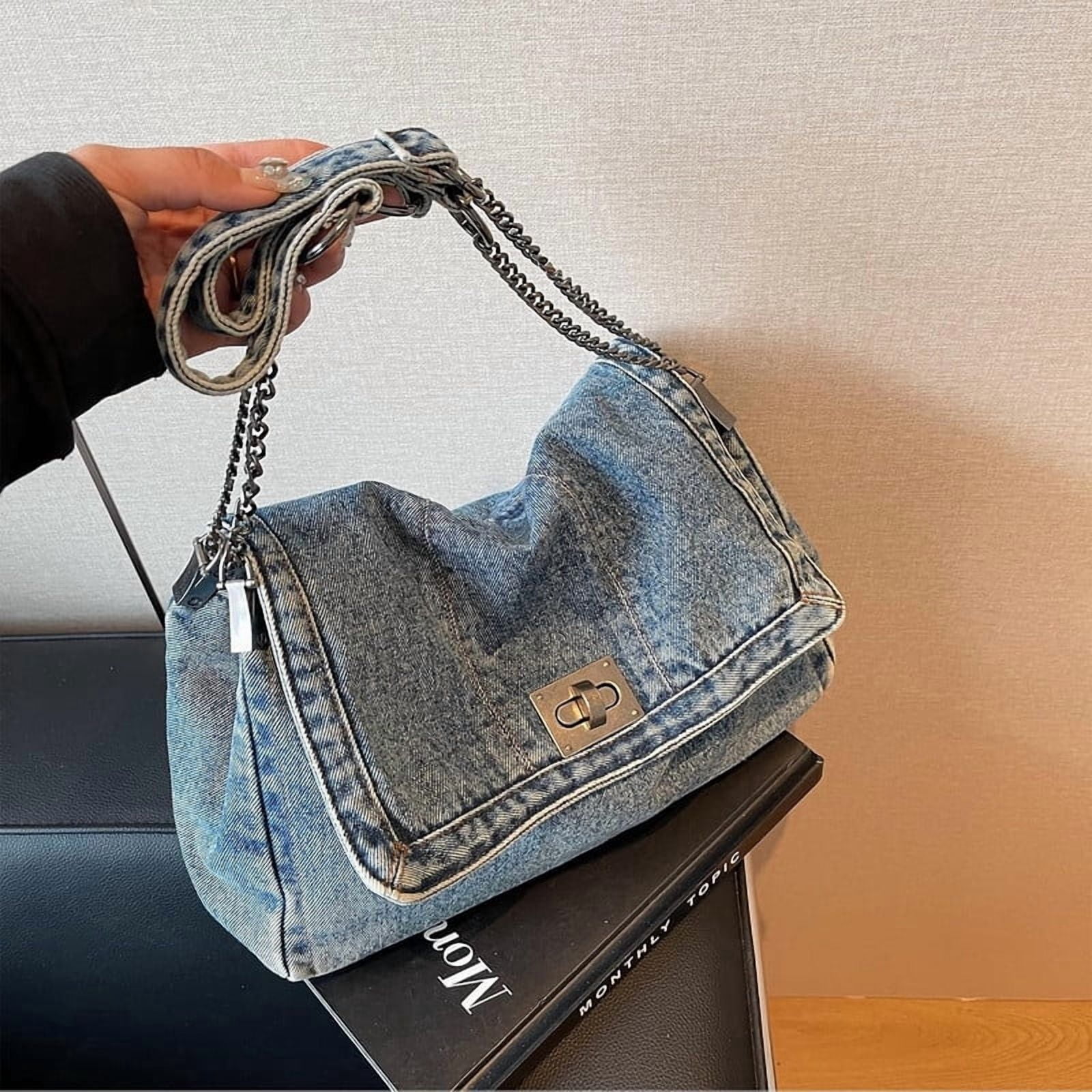 2026 Women's Casual Retro Denim Tote Bag, Lightweight Quilted Crossbody Purse with Chain Strap