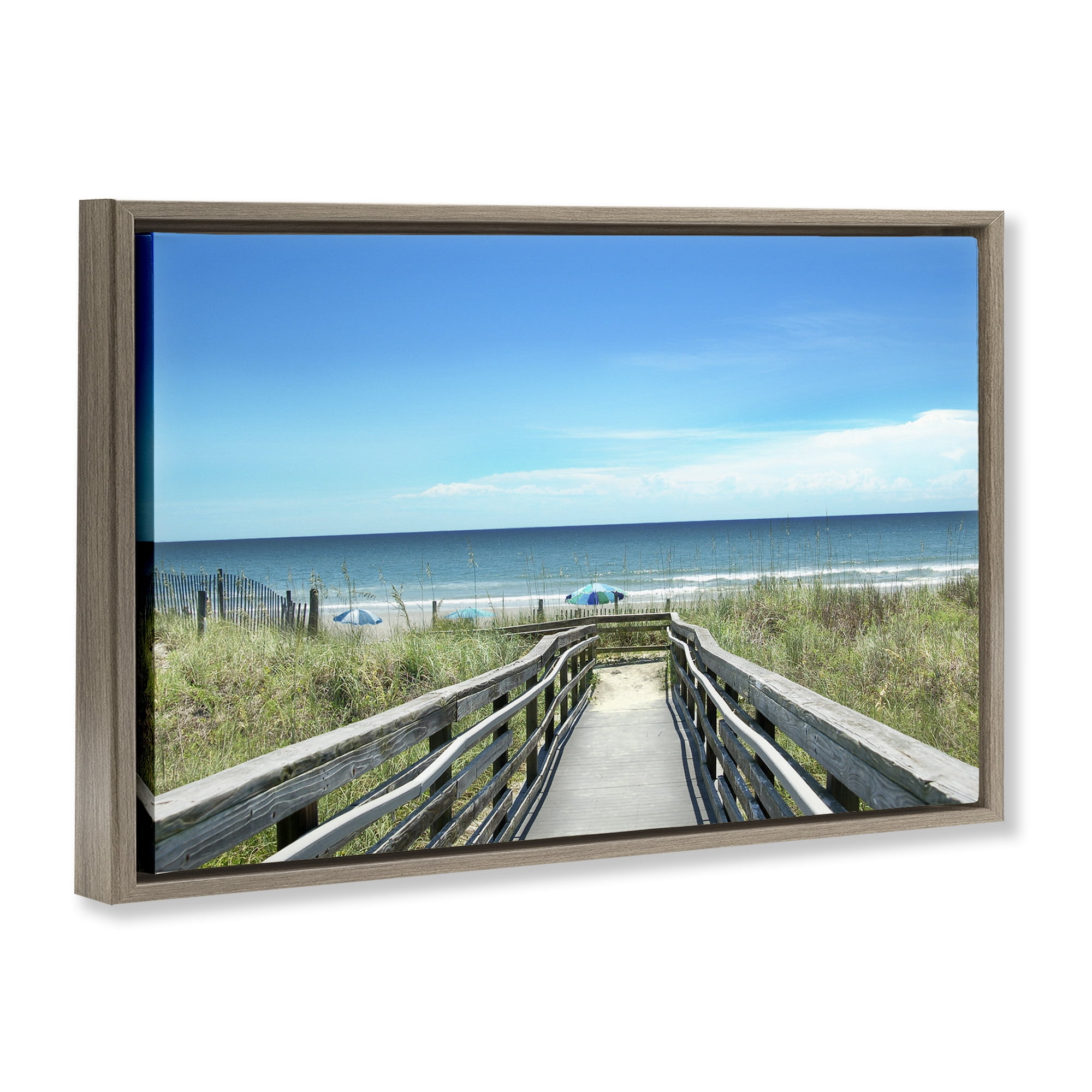 Stupell Industries Bridge to Beach View Landscape Photography Brown Floater Framed Canvas Art Print Wall Art, 31 x 21