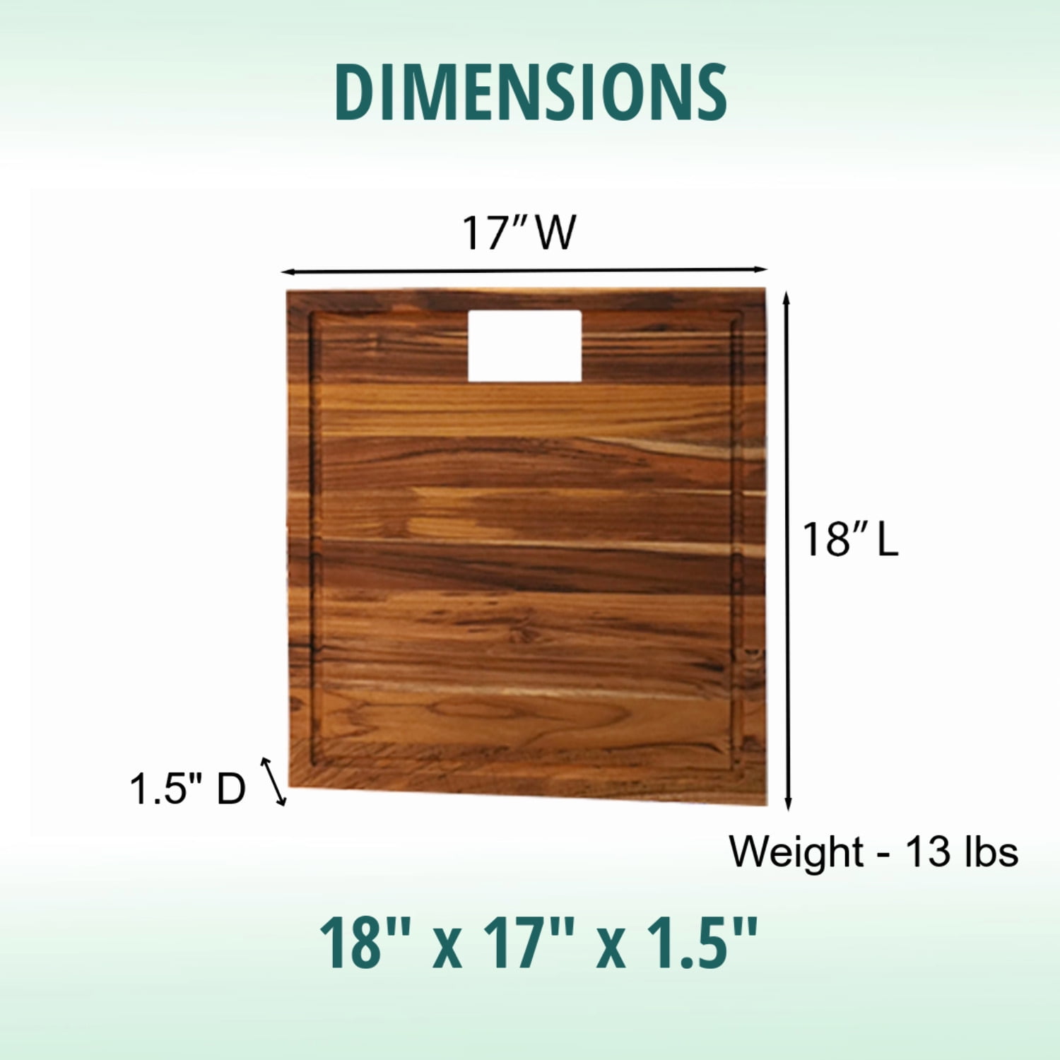 EcoDecors 17" x 18" FSC Teak Edge Grain Cutting Board with Groove  Handle