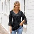 thumbnail image 6 of Womens 3/4 Sleeve Tops Double Layers Mesh Blouses V Neck Ruffle Floral Printed Tunics, 6 of 6