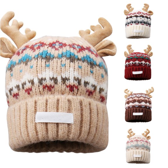 XIAOCHA Women’S Reindeer‑Antler Beanie,Fair‑Isle‑Knit Fall‑Winter Outdoor Toque,Khaki