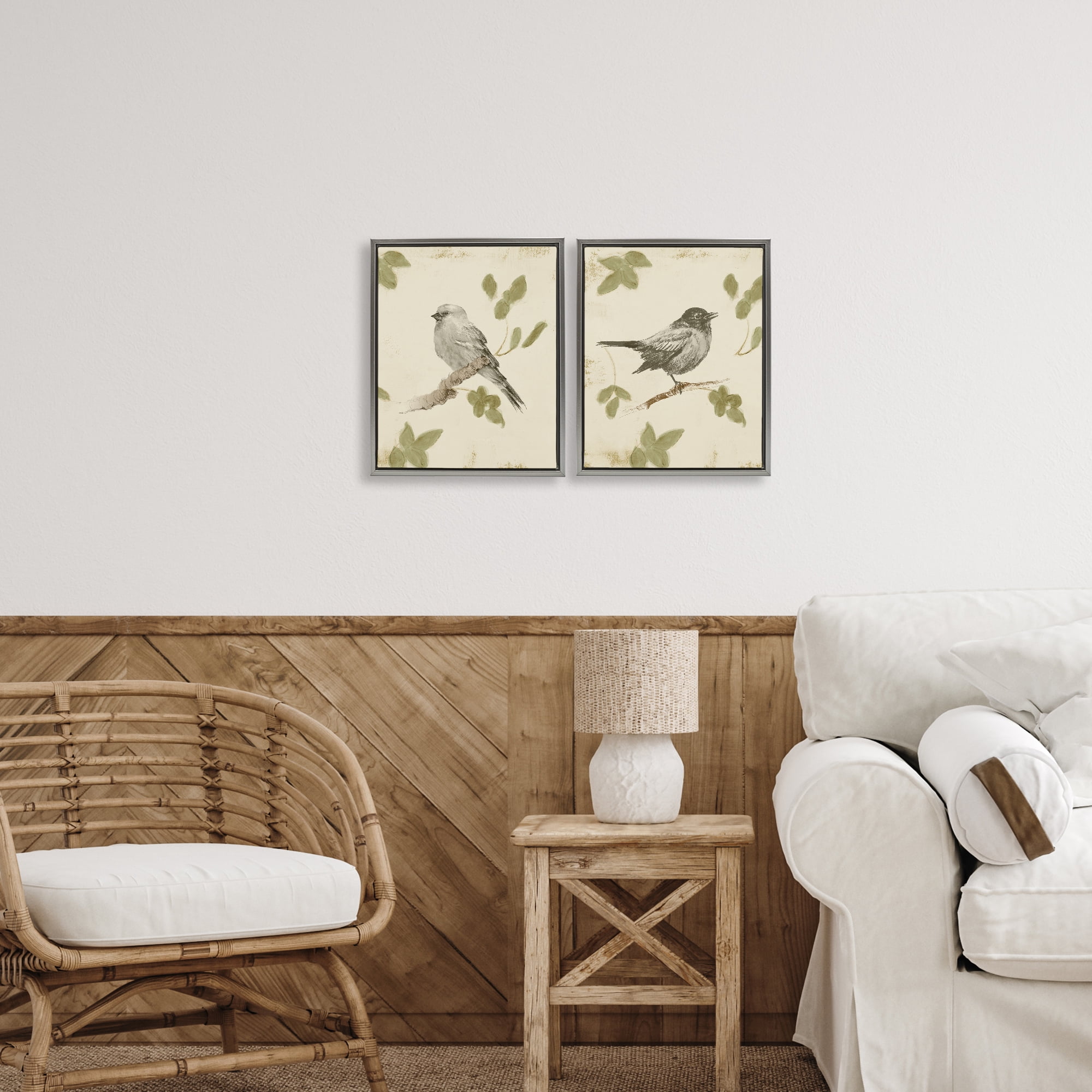 Stupell Industries Neutral Bird Scene 2 Piece Gray Framed Floater Canvas Set, design by Lanie Loreth