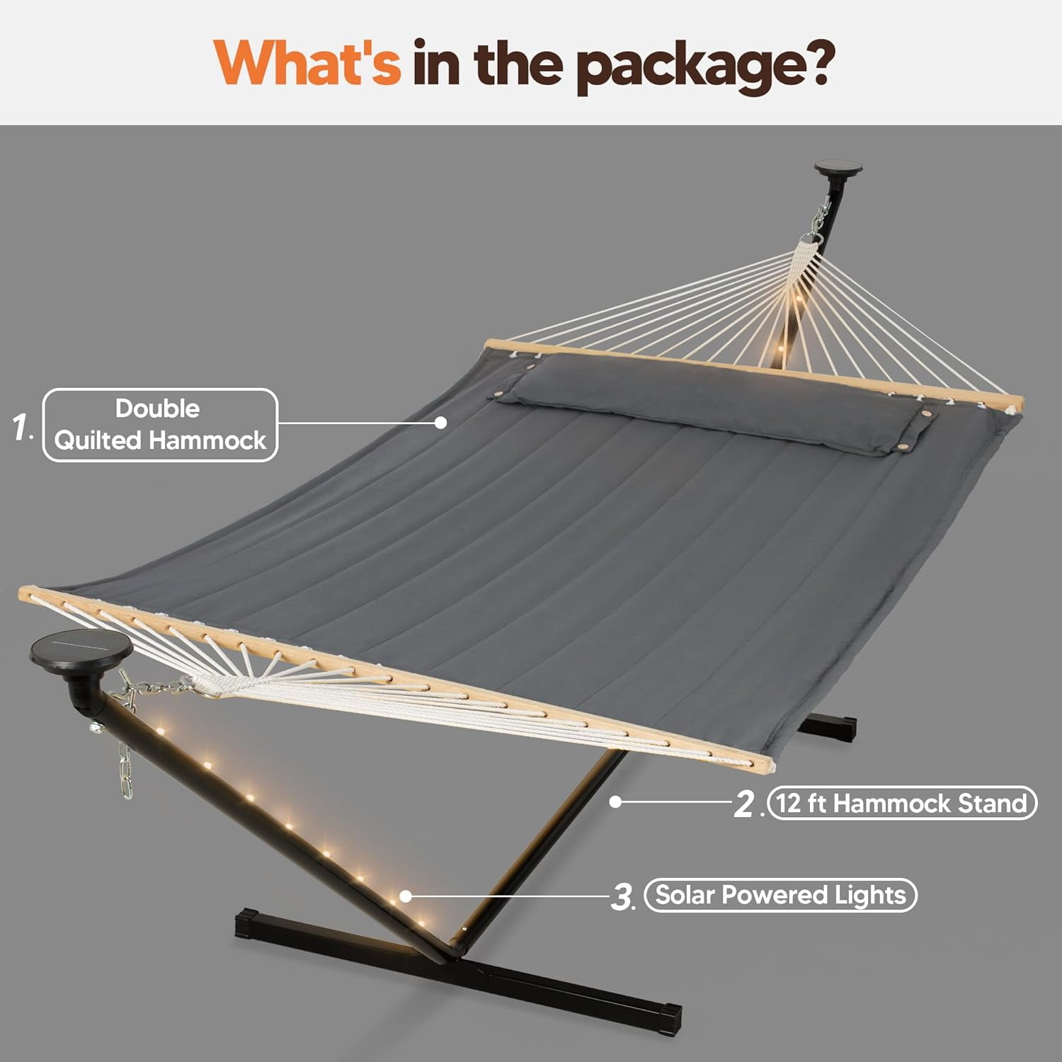 SUNCREAT Double Hammock with 12 ft Stand, Solar Powered Lights Included, Outdoor Hammock for Outside, Dark Gray