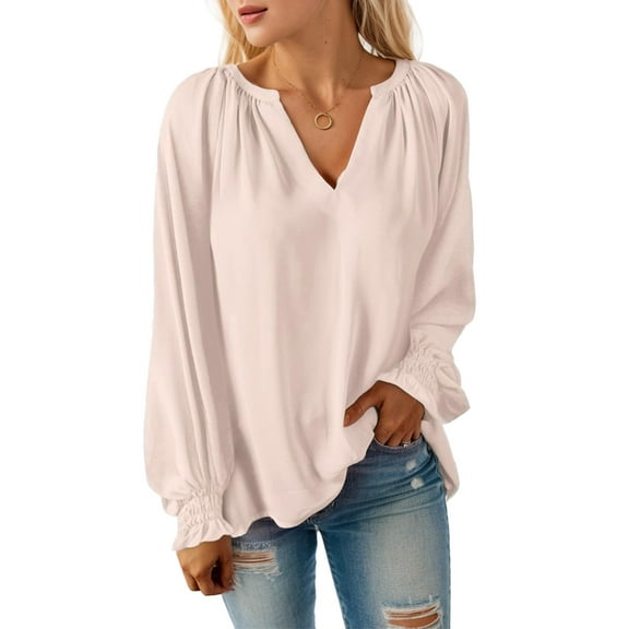 Weardear Womens Long Sleeve Blouse Chiffon Smocked Puff Sleeve Blouses Business Casual V Neck Tunic Tops