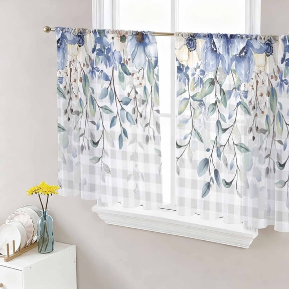 Sheer Curtains 45 Inch Length 2 Panels Set for Kitchen, Eucalyptus Flowers Semi Sheer Curtains for Windows, Botanical Floral Leaves Gray Plaid Voile Window Treatments Rod Pocket Curtain