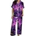 thumbnail image 5 of Feancey Halloween Pj Short Sets for Women Funny Pumpkin Print Sleepwear Short Sleeve Button Down Shirt and Pants Pajama Set with Pockets Purple M, 5 of 6