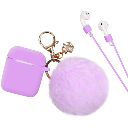 HDE Case for AirPods Silicone Protective Cover with Puffball Earbud Strap and Gold Keychain with Charm for First and Second (2019) Generation
