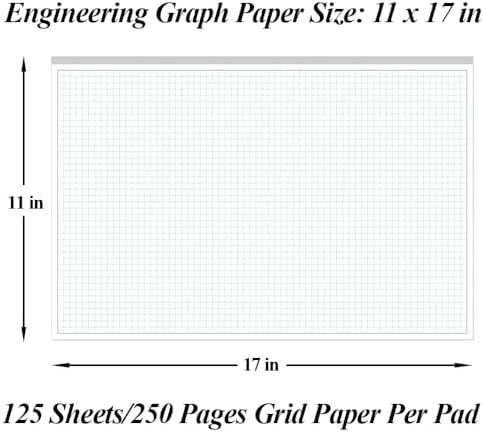 (5-Pack) Engineering Graph Paper Pads, 11x17 Quadrille 125 Sheets/250 Pages Grid Paper for Drafting, Engineering, Blueprint Drawing, 4x4 Blue Quad Rule, 100gsm White Paper