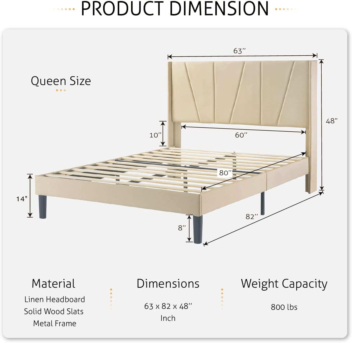 Sha Cerlin Queen Bed Frame, Upholstered Platform Bed with Wingback and Geometric Headboard, Beige