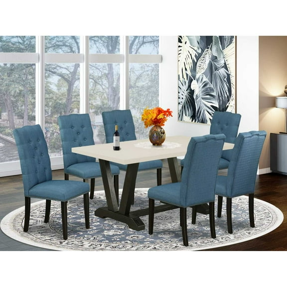 East West Furniture V-Style 7-piece Wood Dining Set in Black/Mineral Blue