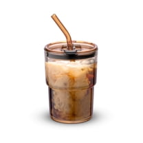 400ml Thermal Glass Cup with Straw and Sealable Lid, Insulated Tumbler for Hot Tea, Iced Beverages, Home, Commute, Amber
