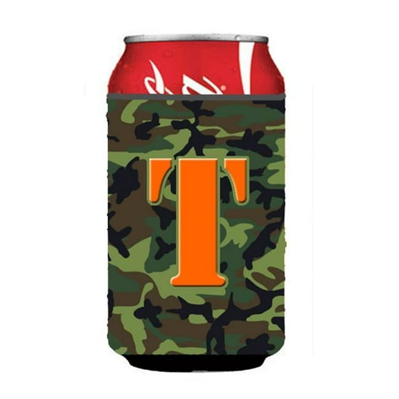 Letter T Initial Monogram - Camo Green Can Or Bottle  Hugger
