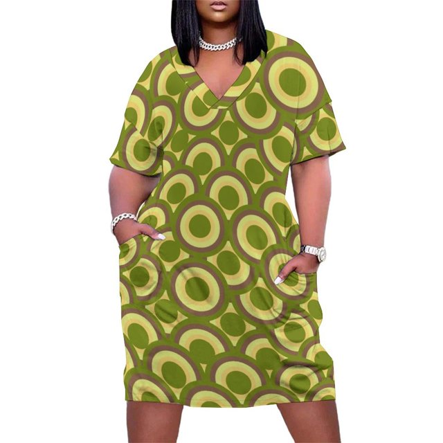 Vestido de fiesta estilo años 70 con bolsillos sueltos y estampado de círculos/puntos en verde oliva retro, vestidos de verano para mujer