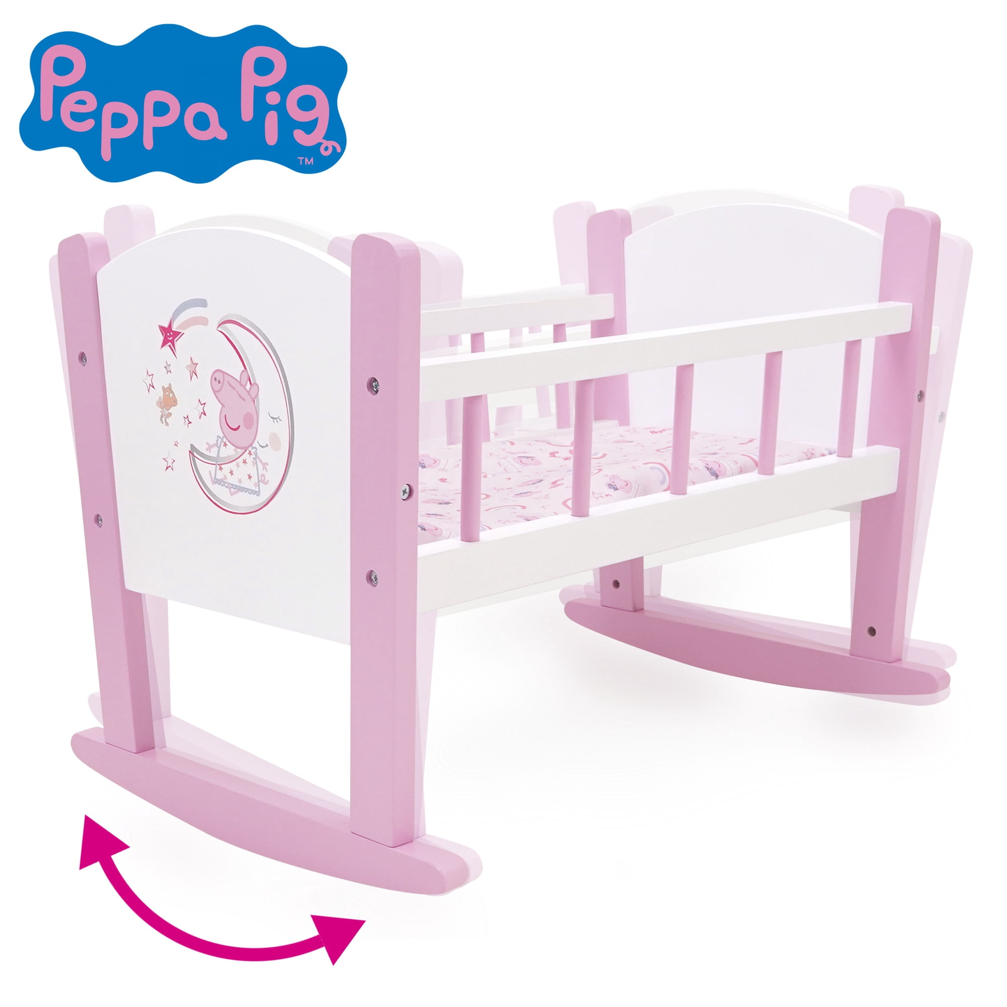 509 Crew: Peppa Pig - Wooden Doll Cradle - Pink-White-Moon, Rocking Bed, Pillow & Blanket, Doll & Plush Sleeping Accessory, Roleplay Toy, Kids 3+