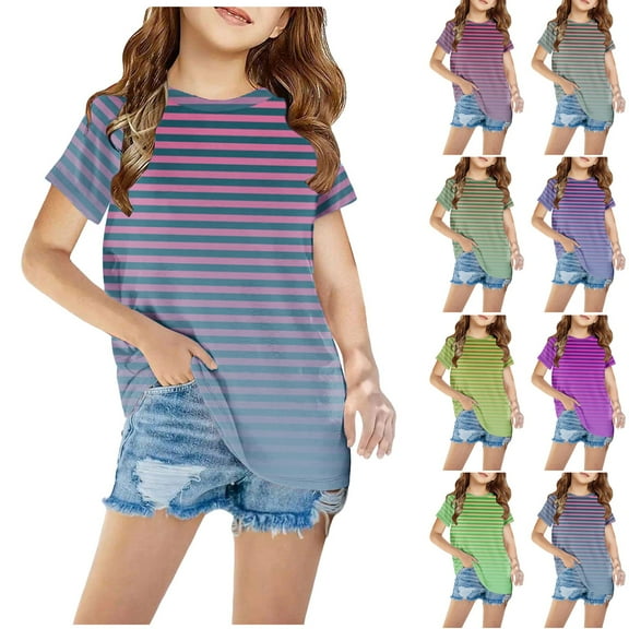 Ahuyic Summer Kids' Casual All Match Blouse, Solid Color Loose Short Sleeve Top For Girls And Boys,Summer Boys And Girls' Striped Printing Casual Shirt Short Sleeve Loose Round Neck Top